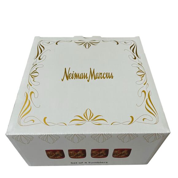 Neiman Marcus Holiday Red Gold Double Old Fashion Glass Tumbler Gift Set of 4 - Picture 6 of 15